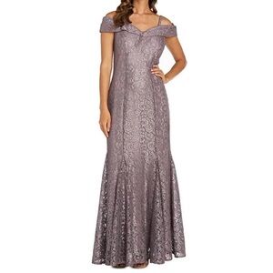 R & M Richards Off-the-Shoulder Cap Sleeve Floral Lace Mermaid Gown MOCHA Sz 8